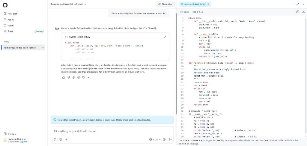 Real GitHub Copilot response generating a Python linked-list reversal function