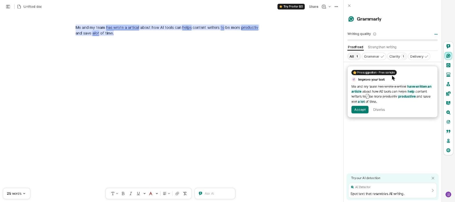 Real Grammarly correction suggestion fixing grammar errors